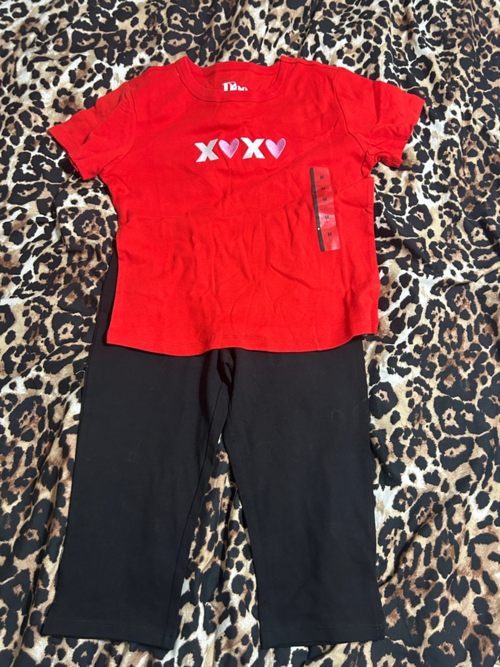 MAD Engine Red Graphic Tee with White Print and black leggings